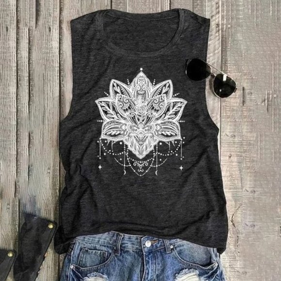 Boho Lotus Flower Printed Wide Racerback Graphic Tee Tank Top Cami T Shirt Yoga - Picture 8 of 10